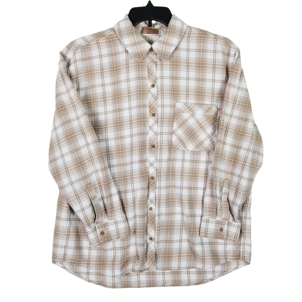 nuuds Flannel Button‎ Down Women Size L Tan White Plaid Long Sleeve Cotton Shirt